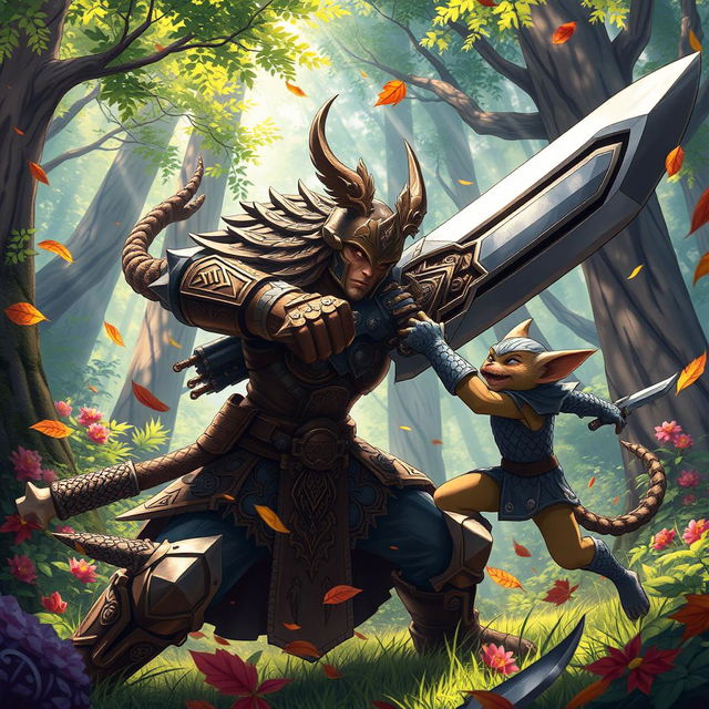 In an intense anime-style scene, a fierce Gith warrior, clad in intricate armor and wielding a massive greatsword, is depicted mid-battle against a cunning kobold rogue in a vibrant forest setting
