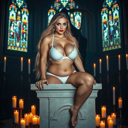 A sexy, sweet, innocent, thin-faced, beautiful, hot, curvy 18-year-old girl with long, flowing blonde hair, characterized by very wide chubby hips and large round thighs