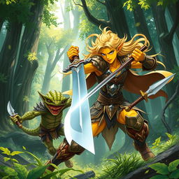 In a dynamic anime-style scene, a striking yellow-skinned elven warrior wields a gleaming greatsword, fiercely battling a cunning reptilian goblin rogue amidst a lush forest backdrop