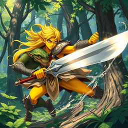 In a dynamic anime-style scene, a striking yellow-skinned elven warrior wields a gleaming greatsword, fiercely battling a cunning reptilian goblin rogue amidst a lush forest backdrop
