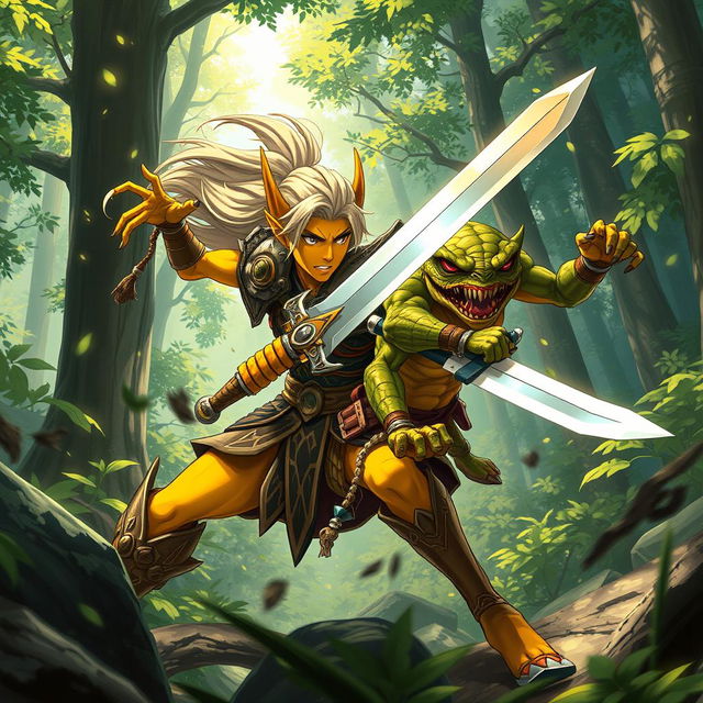 In a dynamic anime-style scene, a striking yellow-skinned elven warrior wields a gleaming greatsword, fiercely battling a cunning reptilian goblin rogue amidst a lush forest backdrop