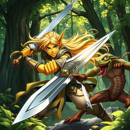 In a dynamic anime-style scene, a striking yellow-skinned elven warrior wields a gleaming greatsword, fiercely battling a cunning reptilian goblin rogue amidst a lush forest backdrop