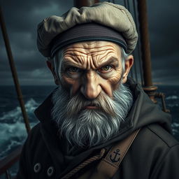 A dramatic portrait of a mean, old sailor with a weathered face, showing deep lines and a grizzled beard, reflecting a life spent at sea
