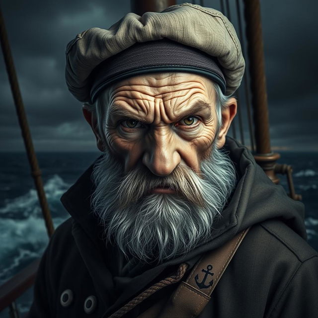 A dramatic portrait of a mean, old sailor with a weathered face, showing deep lines and a grizzled beard, reflecting a life spent at sea