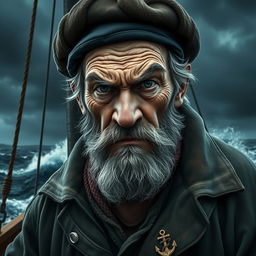 A dramatic portrait of a mean, old sailor with a weathered face, showing deep lines and a grizzled beard, reflecting a life spent at sea