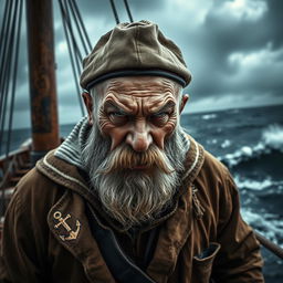 A dramatic portrait of a mean, old sailor with a weathered face, showing deep lines and a grizzled beard, reflecting a life spent at sea
