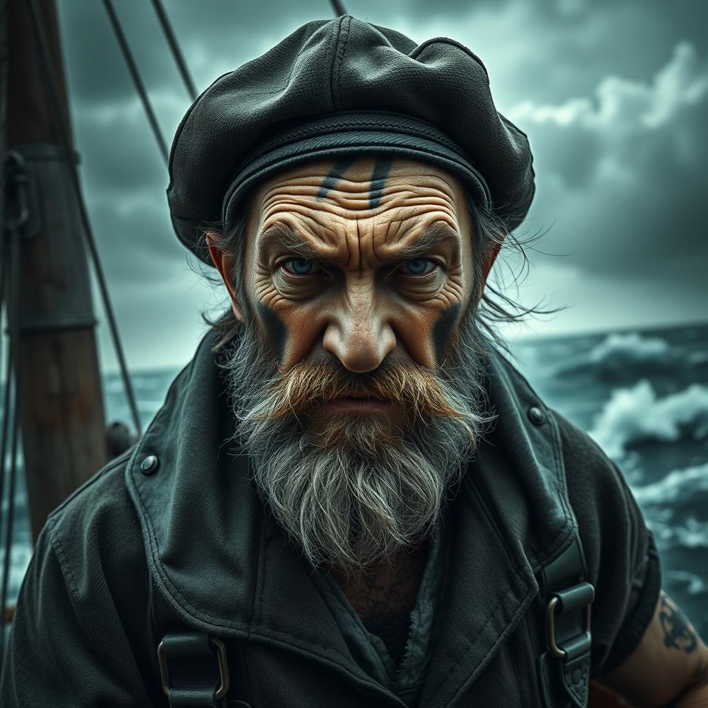 A dramatic portrait of a mean, old sailor with a weathered face, showing deep lines and a grizzled beard, reflecting a life spent at sea