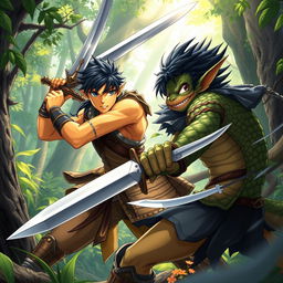 In a vibrant anime-style scene, a striking black-haired male yellow elven warrior fiercely engages in combat with a crocodilian goblin rogue within a lush forest