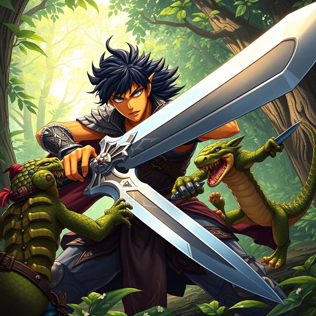 In a vibrant anime-style scene, a striking black-haired male yellow elven warrior fiercely engages in combat with a crocodilian goblin rogue within a lush forest