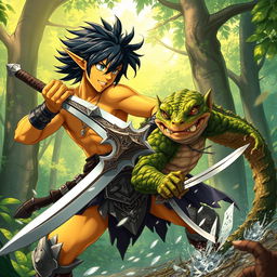 In a vibrant anime-style scene, a striking black-haired male yellow elven warrior fiercely engages in combat with a crocodilian goblin rogue within a lush forest