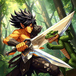 In a vibrant anime-style scene, a striking black-haired male yellow elven warrior fiercely engages in combat with a crocodilian goblin rogue within a lush forest