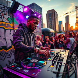A vibrant urban scene showcasing a lively DJ spinning records at an open-air hip hop festival