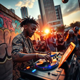 A vibrant urban scene showcasing a lively DJ spinning records at an open-air hip hop festival