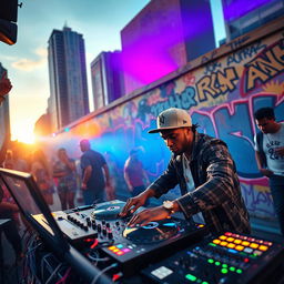 A vibrant urban scene showcasing a lively DJ spinning records at an open-air hip hop festival