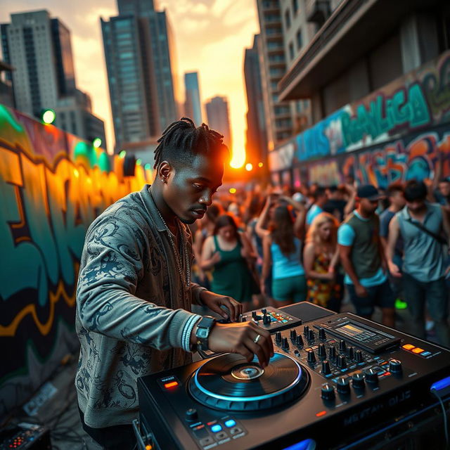 A vibrant urban scene showcasing a lively DJ spinning records at an open-air hip hop festival