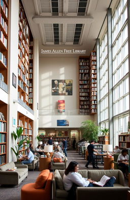 A beautiful, inviting interior of a modern library named the James Allen Free Library