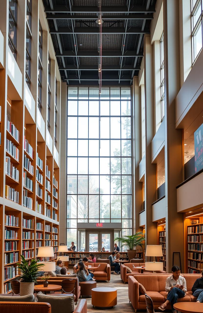 A beautiful, inviting interior of a modern library named the James Allen Free Library