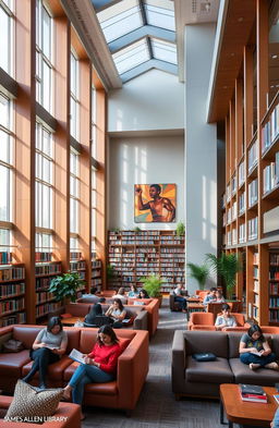 A beautiful, inviting interior of a modern library named the James Allen Free Library