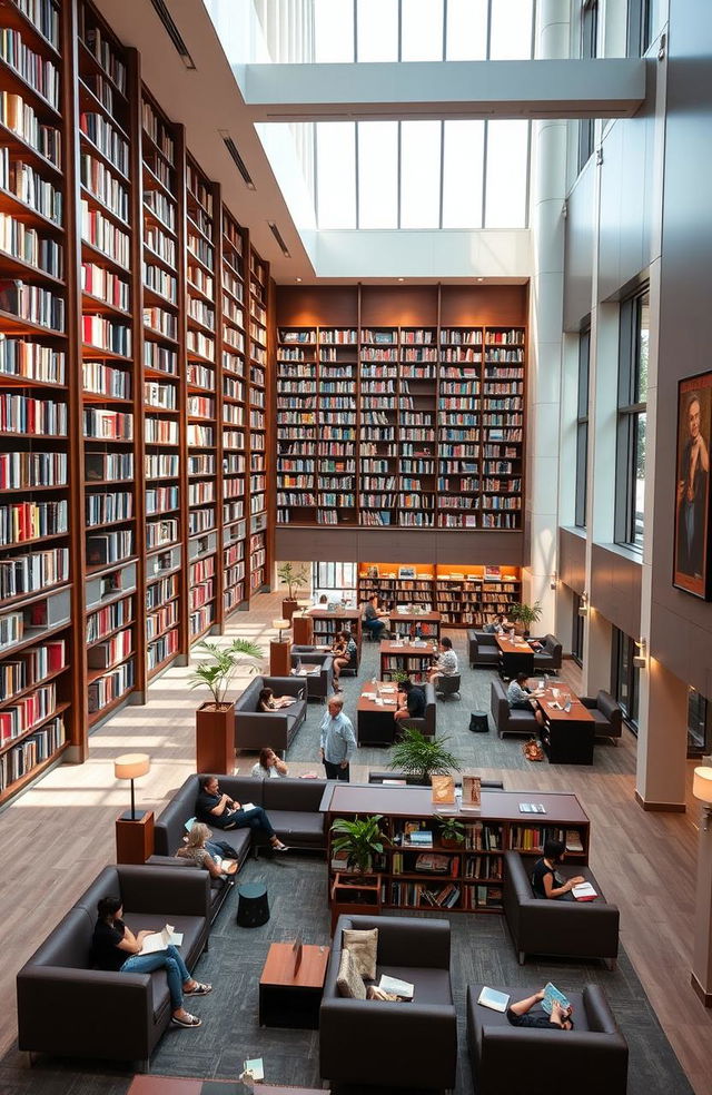 A beautiful, inviting interior of a modern library named the James Allen Free Library