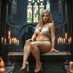 A sexy, sweet, innocent, thin-faced, beautiful, hot, curvy 18-year-old girl with striking blonde hair, characterized by very wide chubby hips and large round thighs