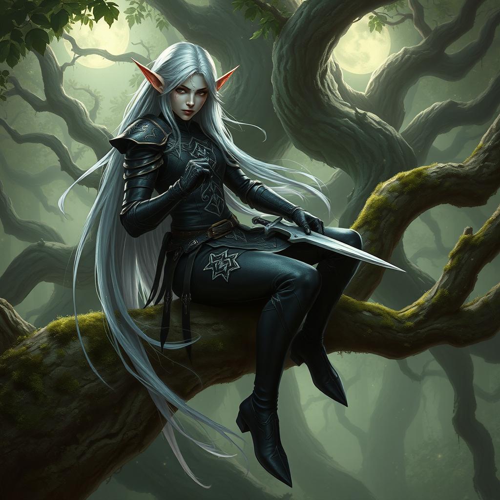 A mysterious and enchanting phantom rogue elf character from a fantasy role-playing game