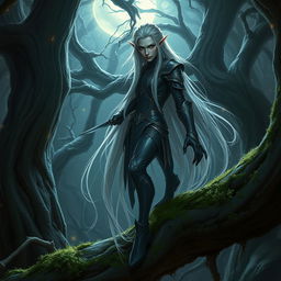 A mysterious and enchanting phantom rogue elf character from a fantasy role-playing game