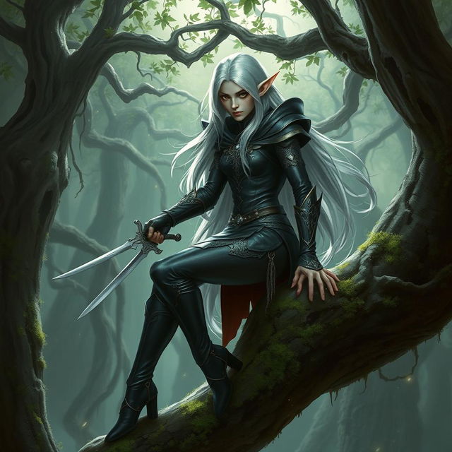 A mysterious and enchanting phantom rogue elf character from a fantasy role-playing game