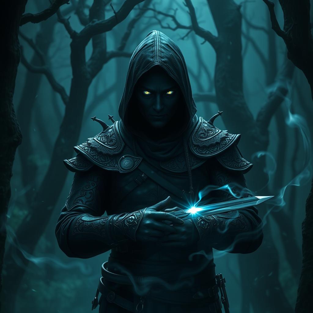 A shadowy figure of a Shadar-kai rogue in a dark, mystical forest, clad in dark leather armor adorned with intricate patterns