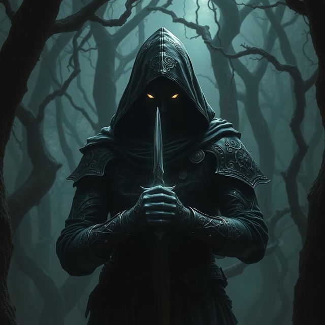 A shadowy figure of a Shadar-kai rogue in a dark, mystical forest, clad in dark leather armor adorned with intricate patterns