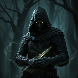 A shadowy figure of a Shadar-kai rogue in a dark, mystical forest, clad in dark leather armor adorned with intricate patterns
