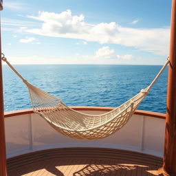 A serene scene featuring a rope hammock gently swaying on the deck of a ship, surrounded by a panoramic view of the ocean