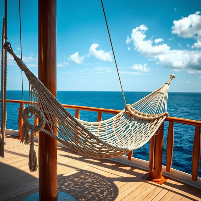 A serene scene featuring a rope hammock gently swaying on the deck of a ship, surrounded by a panoramic view of the ocean