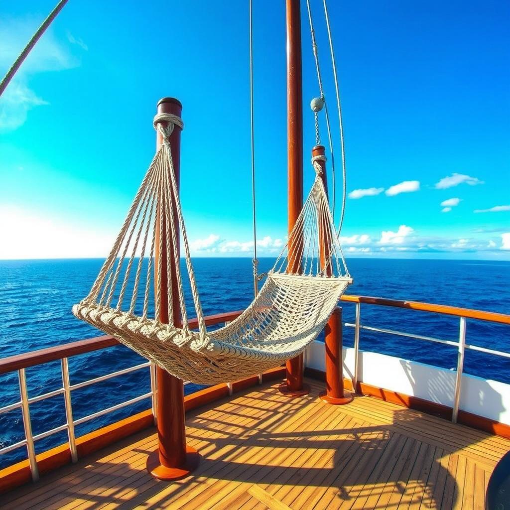 A serene scene featuring a rope hammock gently swaying on the deck of a ship, surrounded by a panoramic view of the ocean