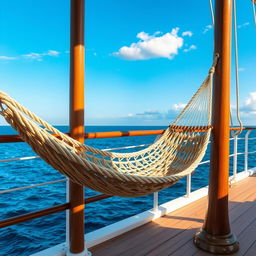 A serene scene featuring a rope hammock gently swaying on the deck of a ship, surrounded by a panoramic view of the ocean