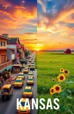 A vibrant, colorful fusion image representing the journey from Kolkata to Kansas