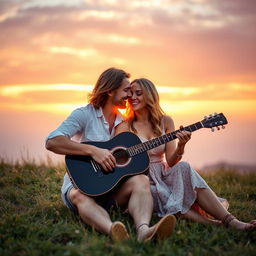 A romantic couple sitting on a grassy hill at sunset, holding and playing a beautiful black guitar