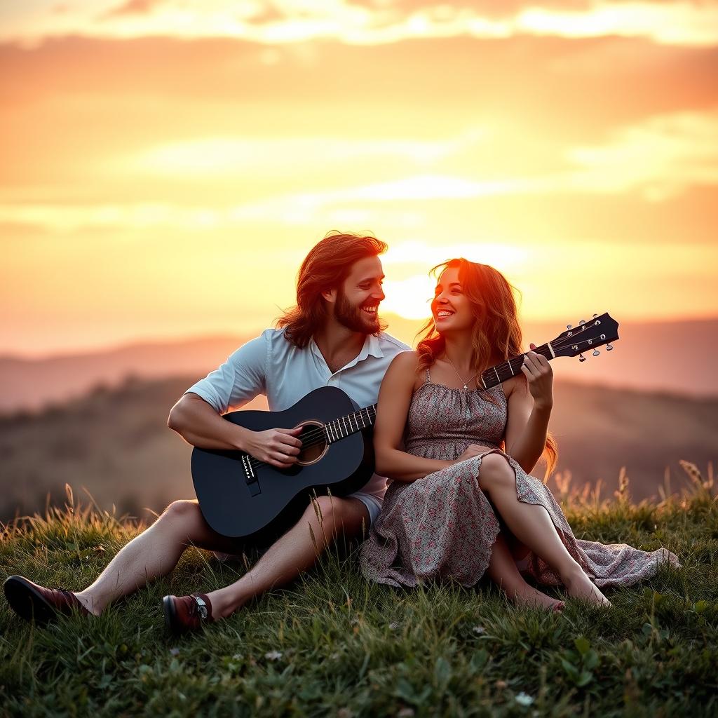 A romantic couple sitting on a grassy hill at sunset, holding and playing a beautiful black guitar