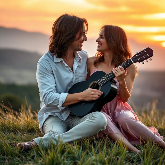 A romantic couple sitting on a grassy hill at sunset, holding and playing a beautiful black guitar