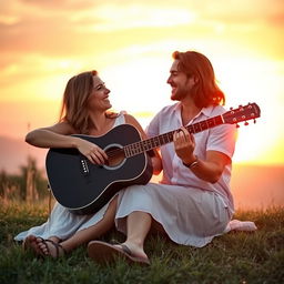 A romantic couple sitting on a grassy hill at sunset, holding and playing a beautiful black guitar