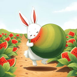 In a sunny watermelon field, a cute little white bunny is struggling adorably to carry an enormous watermelon while moving forward
