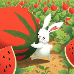 In a sunny watermelon field, a cute little white bunny is struggling adorably to carry an enormous watermelon while moving forward