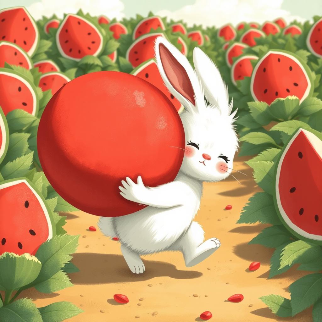 In a sunny watermelon field, a cute little white bunny is struggling adorably to carry an enormous watermelon while moving forward