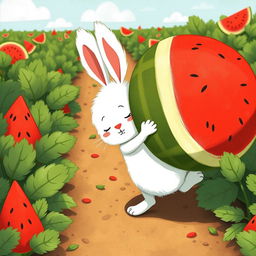 In a sunny watermelon field, a cute little white bunny is struggling adorably to carry an enormous watermelon while moving forward