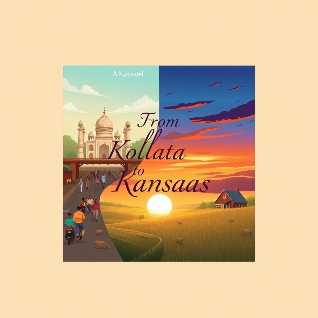 A creative book cover design for a novel titled 'From Kolkata to Kansas'