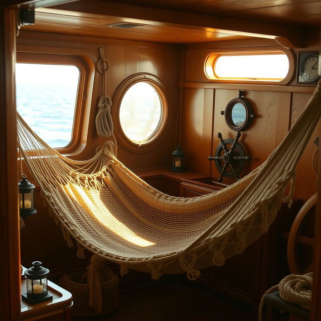 A cozy scene of a hammock set up in the interior of a ship, enveloped by warm, inviting wood tones and nautical decor