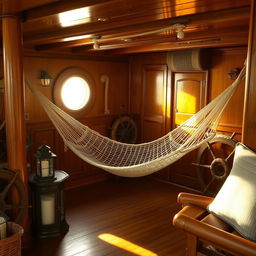 A cozy scene of a hammock set up in the interior of a ship, enveloped by warm, inviting wood tones and nautical decor