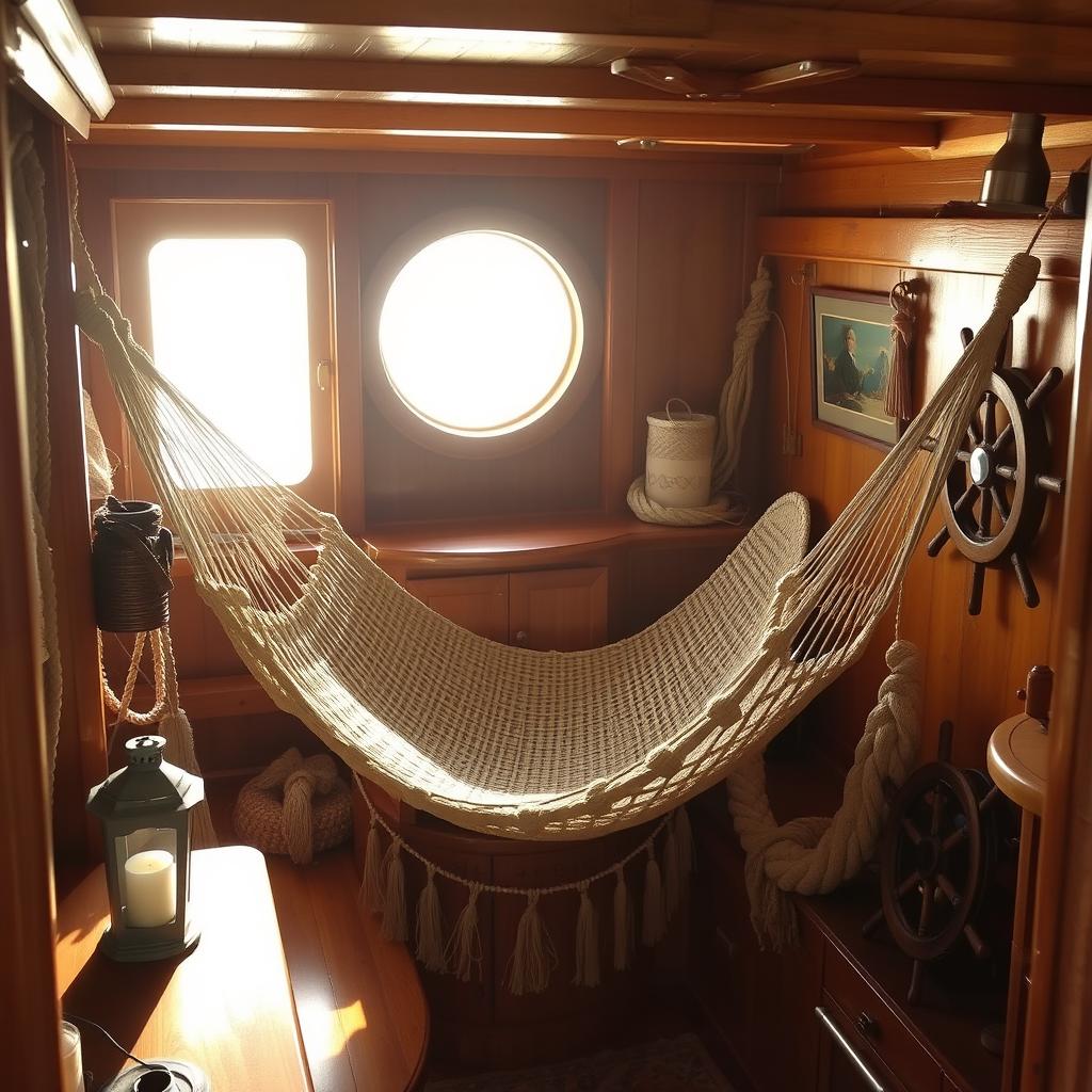 A cozy scene of a hammock set up in the interior of a ship, enveloped by warm, inviting wood tones and nautical decor