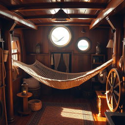 A cozy scene of a hammock set up in the interior of a ship, enveloped by warm, inviting wood tones and nautical decor