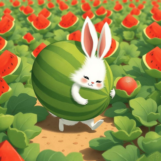 In a sunny watermelon field, a cute little white bunny is adorably struggling to carry a massive green watermelon while moving forward