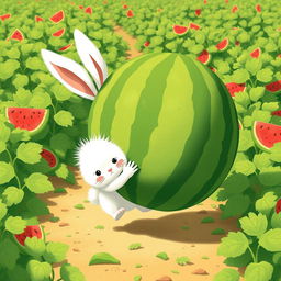In a sunny watermelon field, a cute little white bunny is adorably struggling to carry a massive green watermelon while moving forward